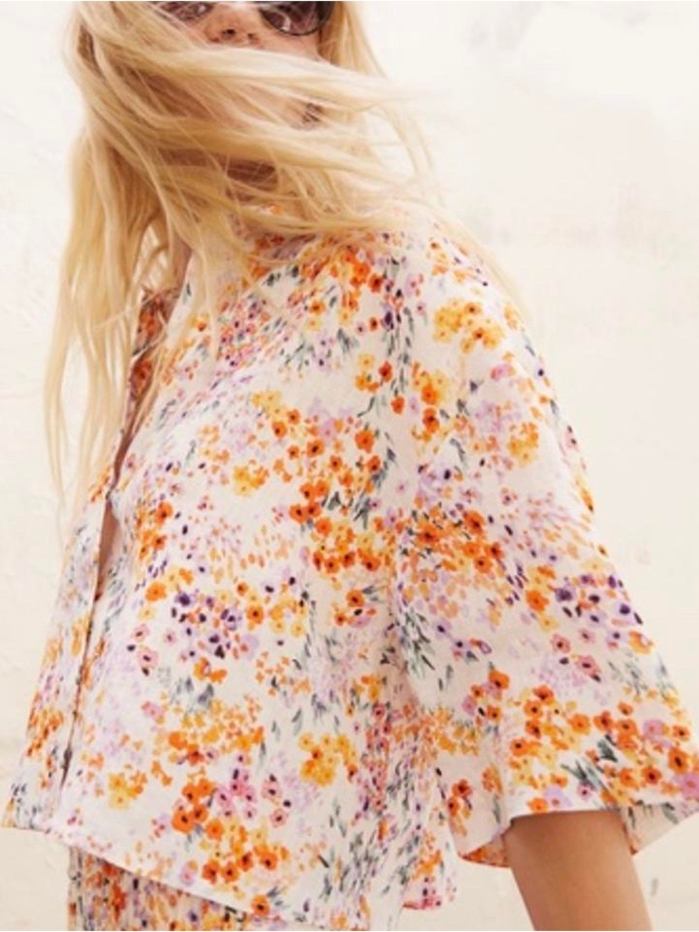 H&M Linen Floral Cropped Button Front Top Shirt